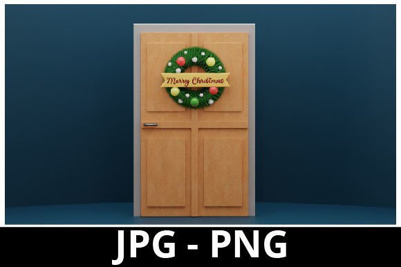 3D Rendered Wood Door with Christmas Wreath: A Perfect Addition for Your Holiday Design Projects